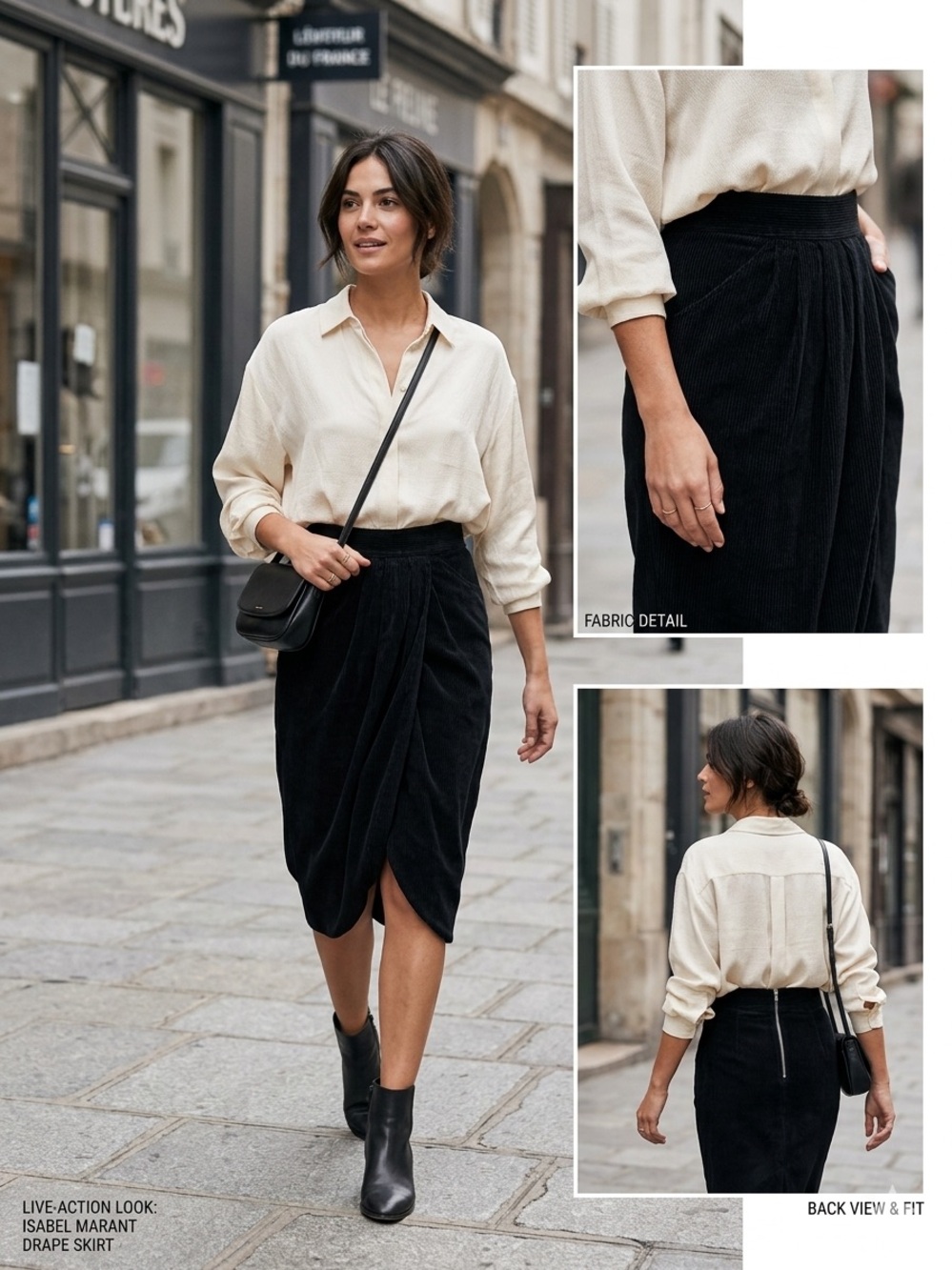 Isabel Marant Vinkao Corduroy Draped Midi Skirt - Black, Size FR 38 (US S) 0485